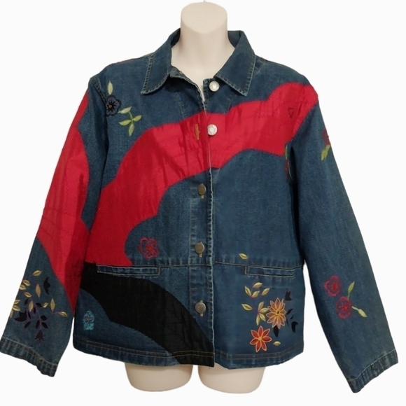 Chico's Design Cotton/Silk Beaded Embroidered Jean Jacket Sz 2 (L) - Picture 1 of 7